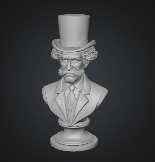 Bust of a man wearing a top hat on a dark background