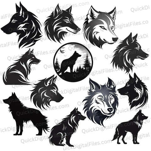 12 Wolf-Themed Silhouette Images Pack: PNG