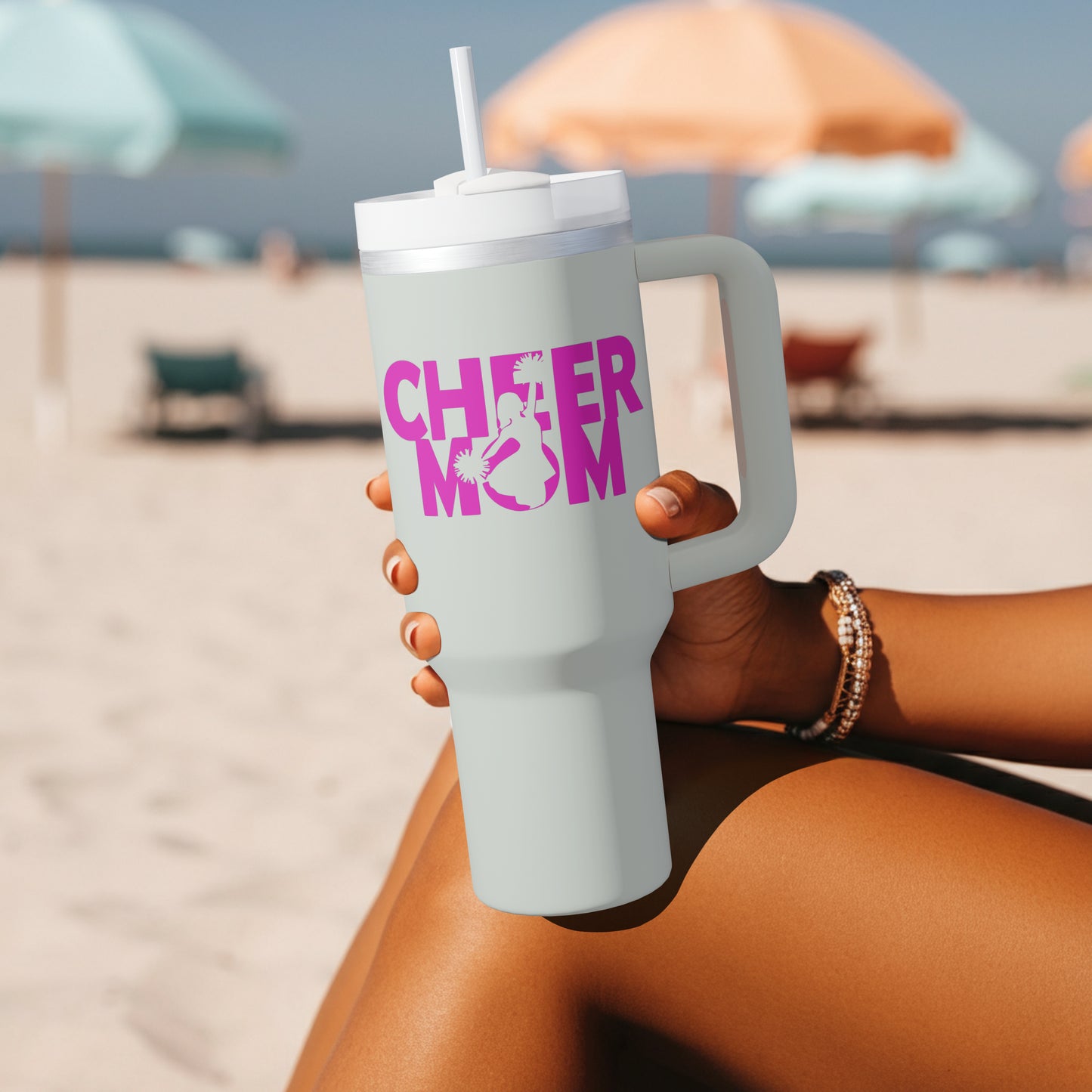 Cheer Mom design with cheerleader silhouette inside letters