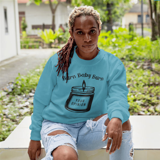 "All black rustic candle silhouette with 'BURN BABY BURN' and 'YOUR OPINION' labels."