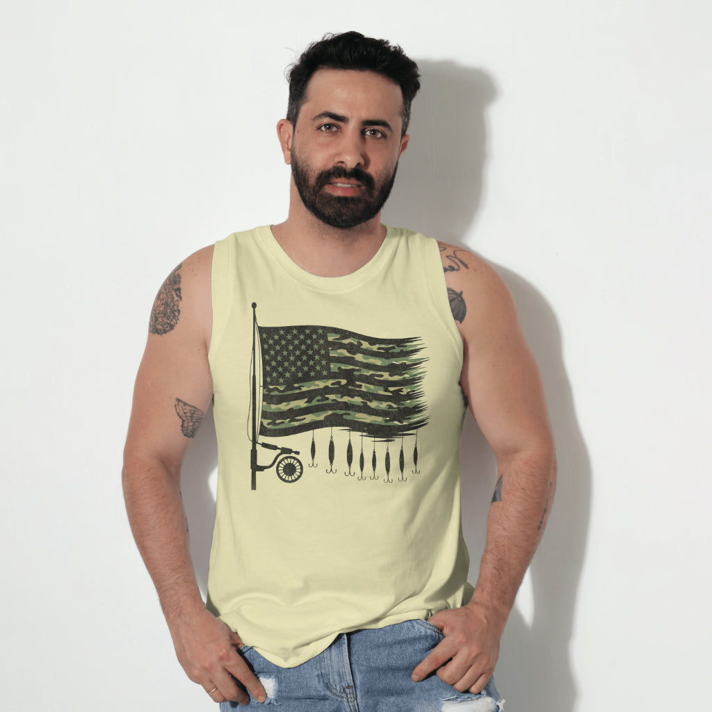 Patriotic PNG featuring USA flag, fishing rod, and lures