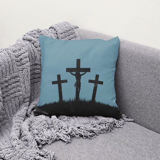 "Rustic black silhouette of Calvary's three crosses on a transparent background."