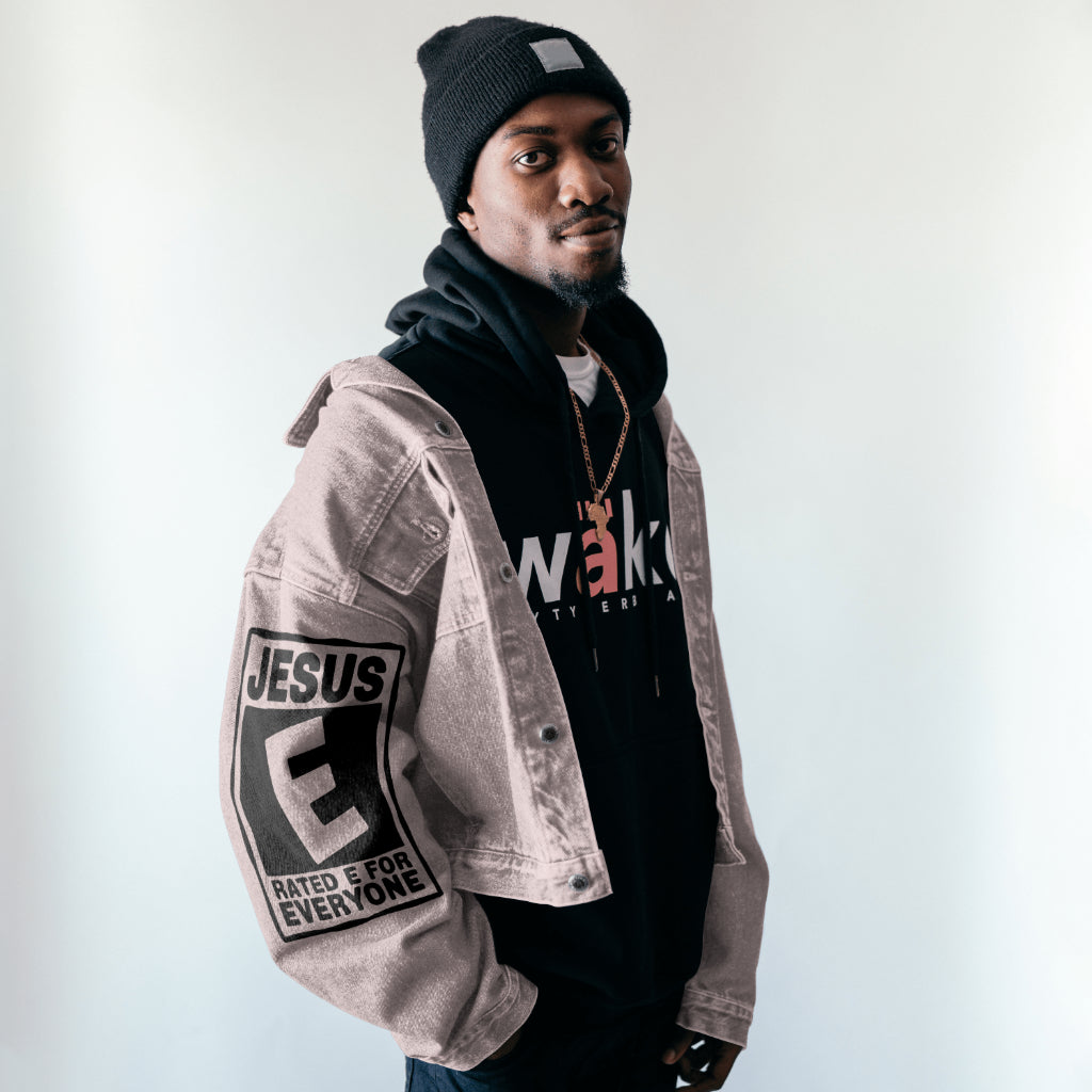 Faith-based design: Jesus Rated E for Everyone in silhouette.