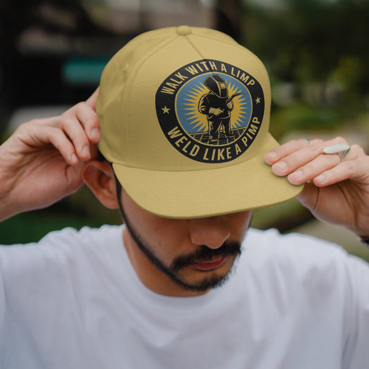 "Walk with a Limp, Weld Like a Pimp" welding graphic