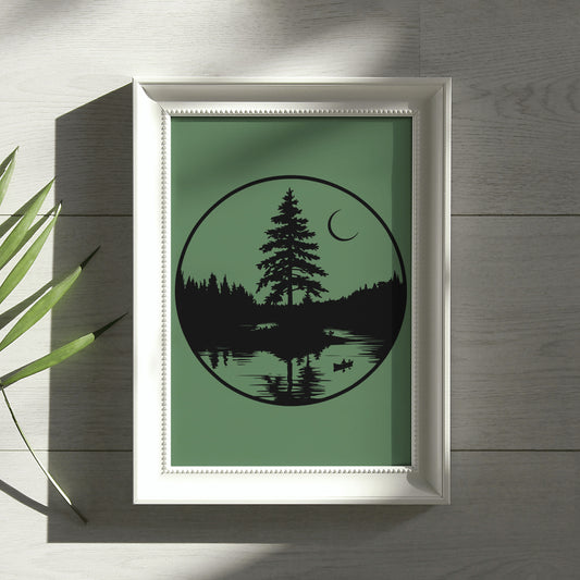 Moonlit Canoe Scene Silhouette Art