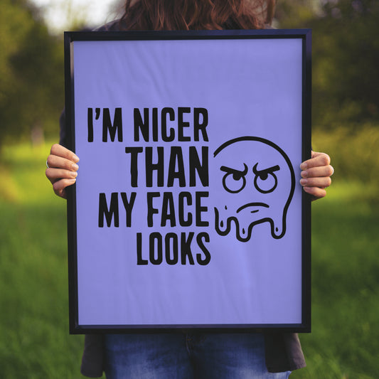 "Digital art of a melancholic cartoon face next to bold typography."