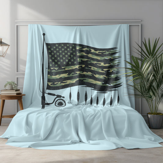 American fishing SVG with camo American flag and fishing pole