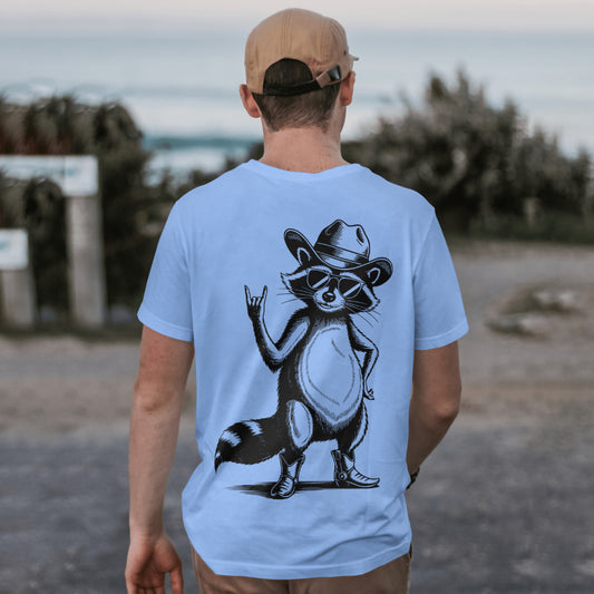 Cowboy raccoon SVG with rock on hand sign