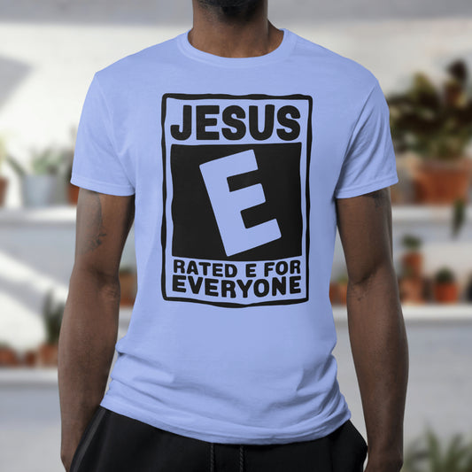 Black and white Christian graphic: "Rated E for Everyone" logo.