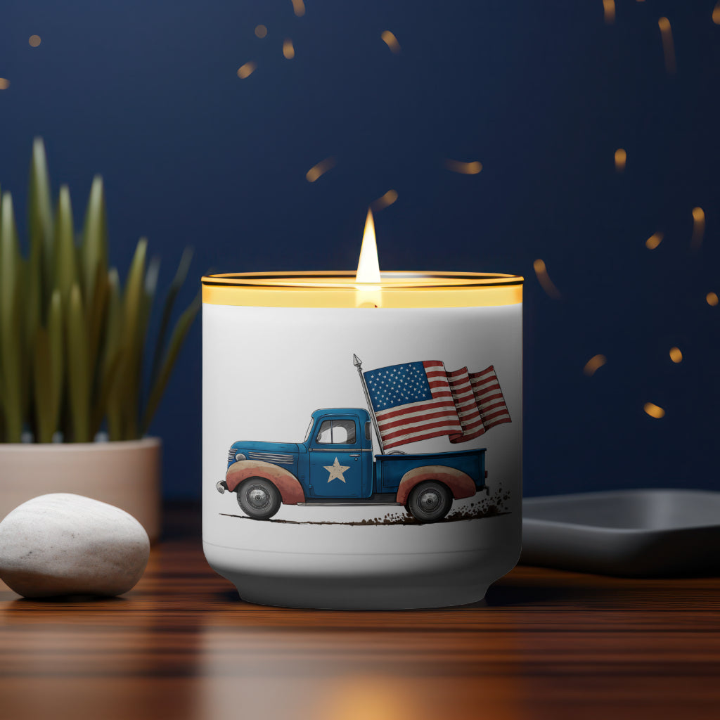 "Classic American blue truck with star details and attached American flag artwork."