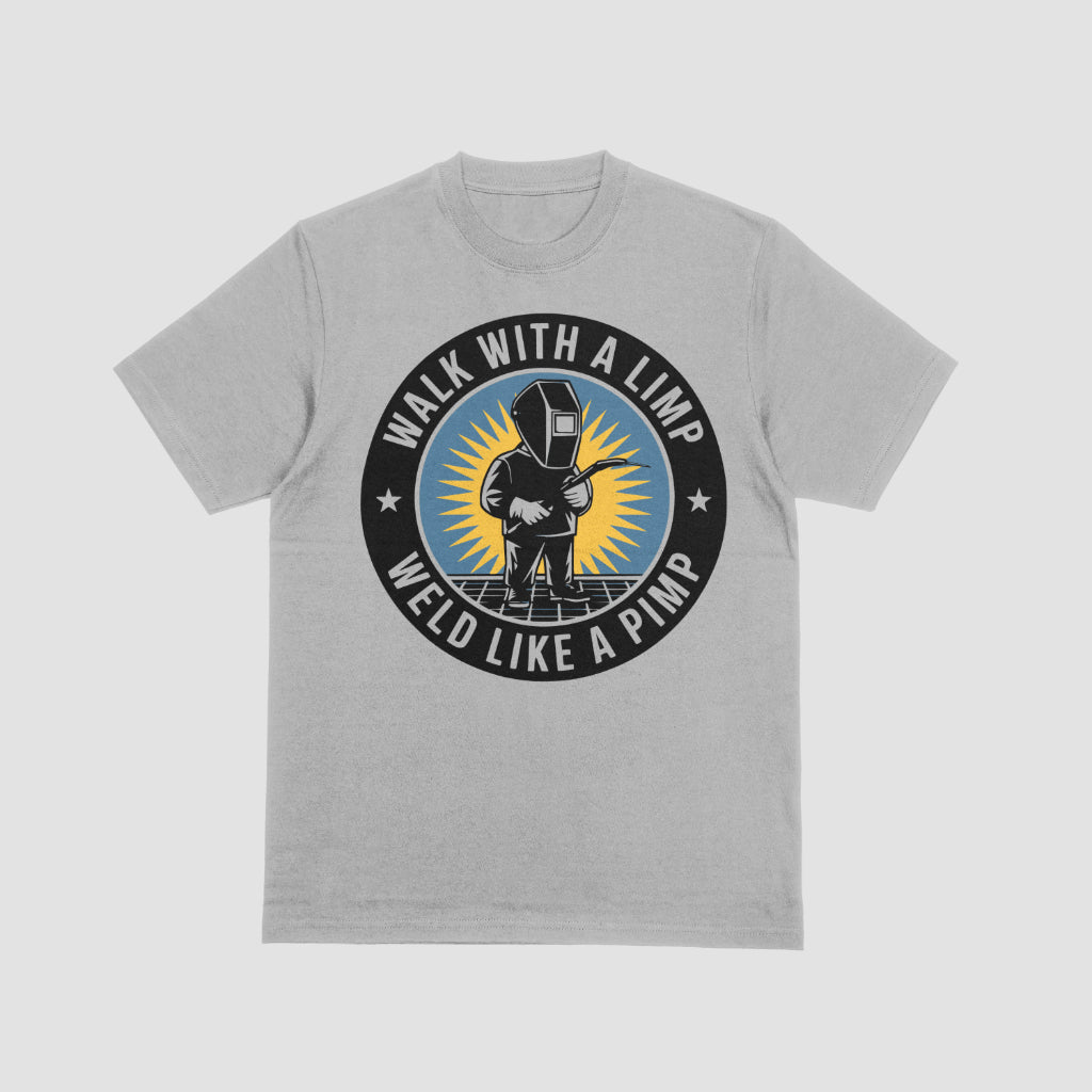 Black and white welder silhouette with bold text design