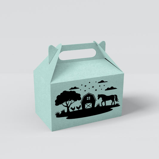 Rustic farmhouse silhouette with animals under a starry sky