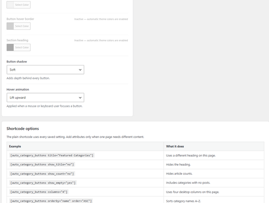 Auto Category Button Grid WordPress plugin settings
