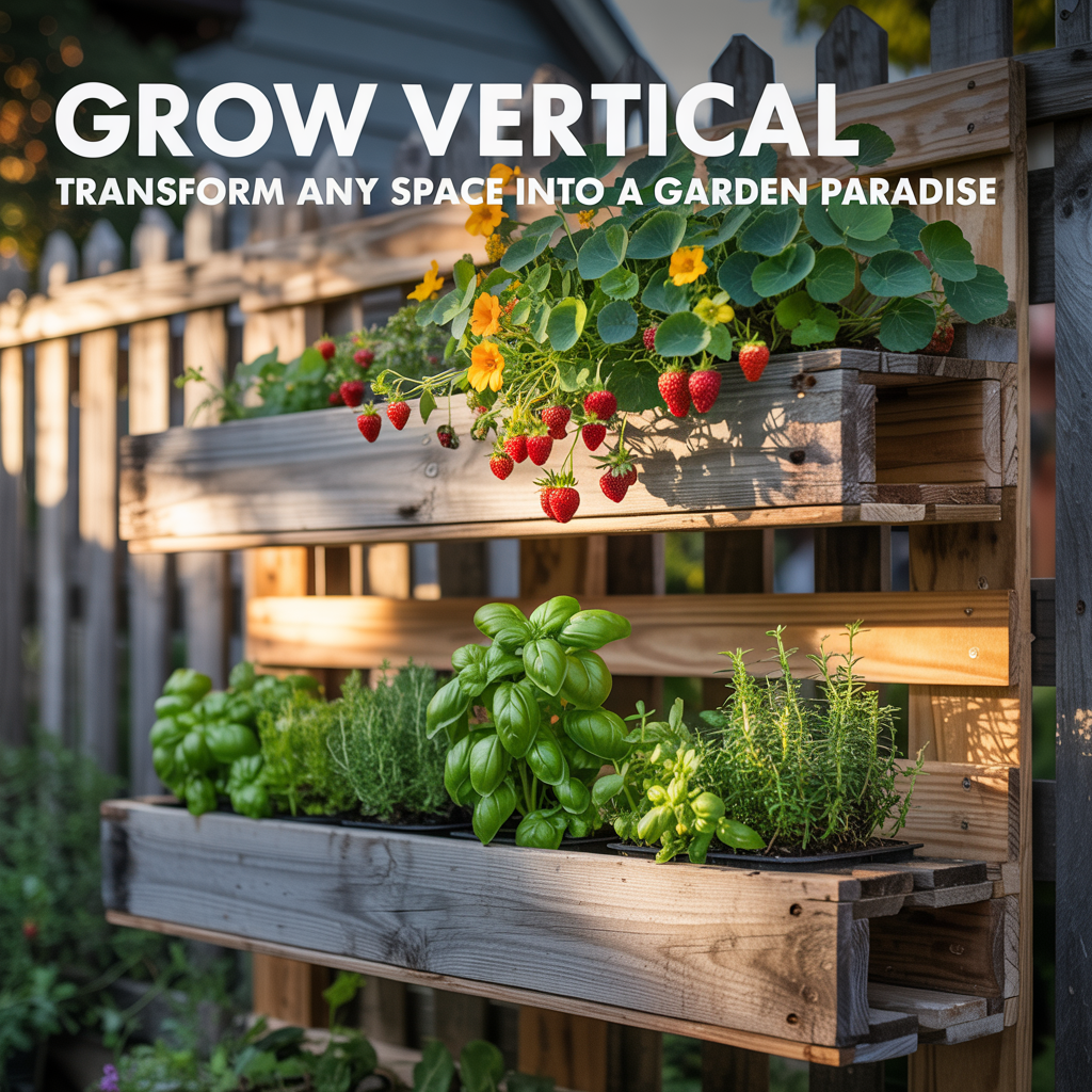 DIY vertical pallet garden mounted on a wooden fence overflowing with green herbs and trailing flowers in summer