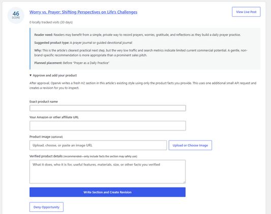 Revenue Gap AI WordPress plugin dashboard