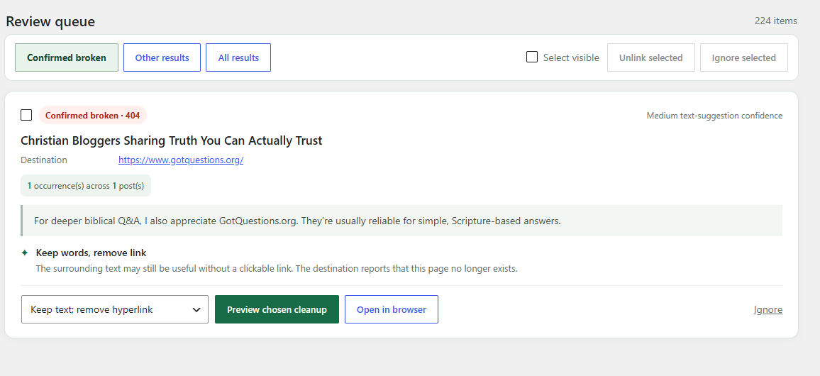 Reviewing broken links before editing WordPress content