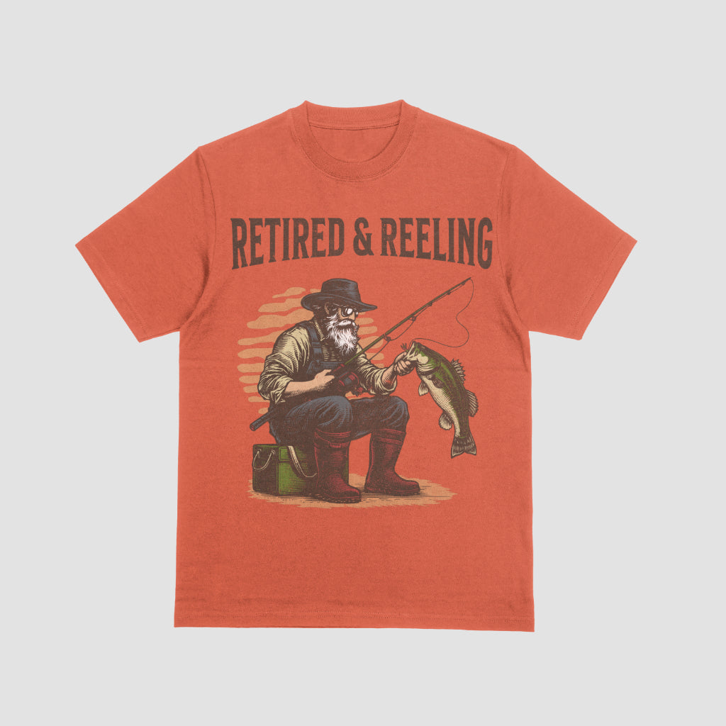 Digital artwork of an older man fishing with "Retired and Reeling" slogan.