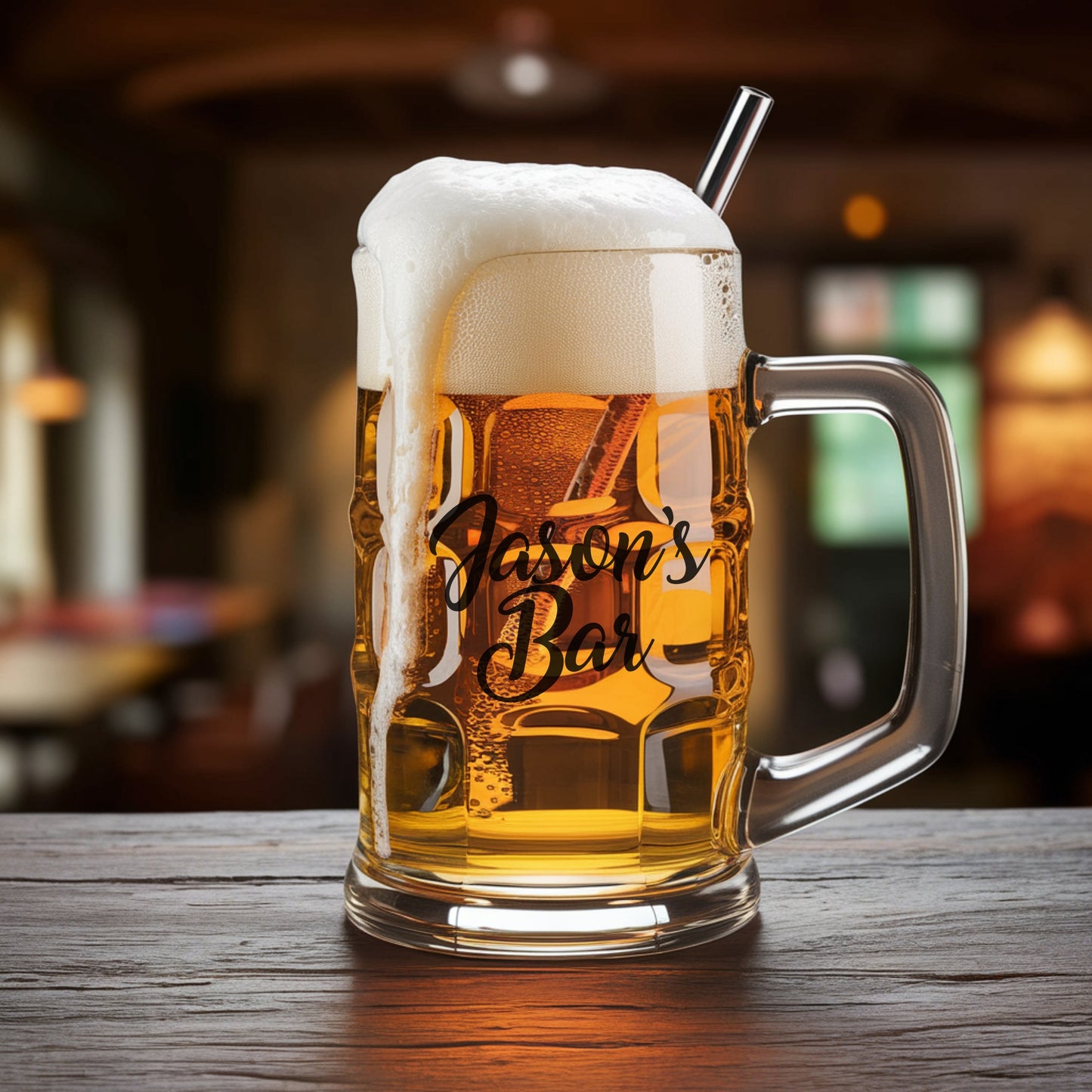 Beer glass mockup with frothy head and rustic background