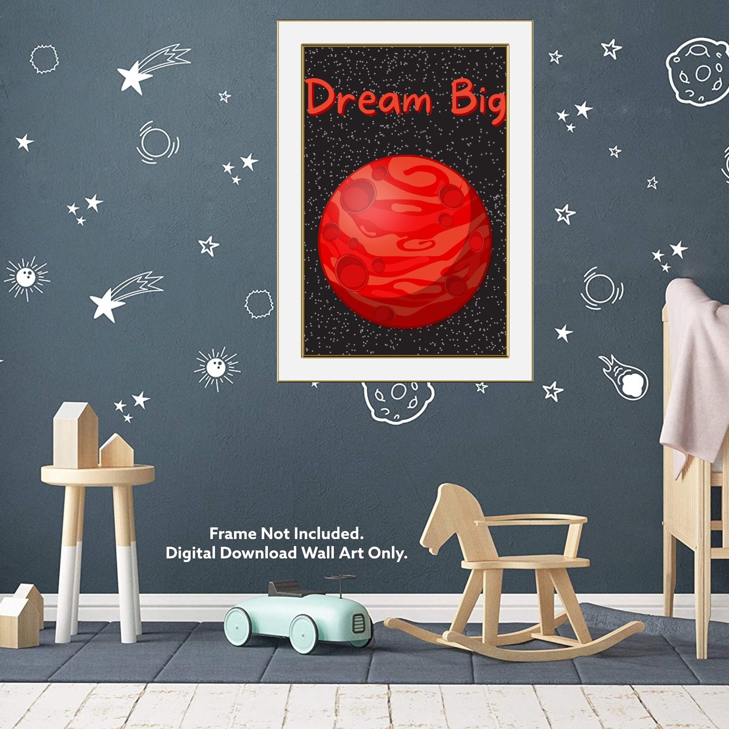 "Outer space themed nursery decor with Dream Big message."