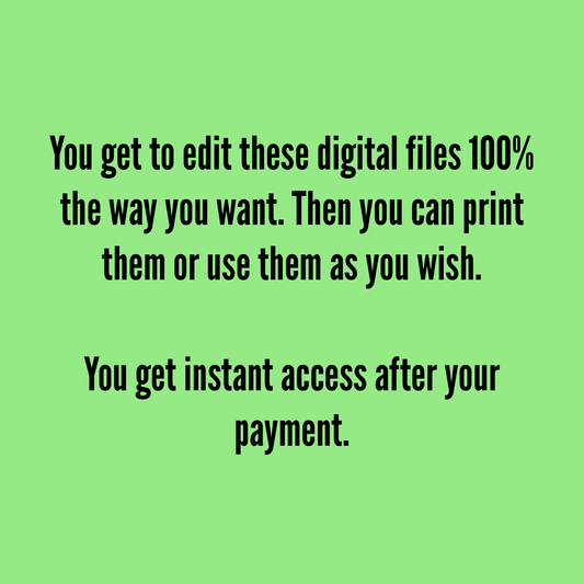 Text on green background about editing digital files and instant access after payment