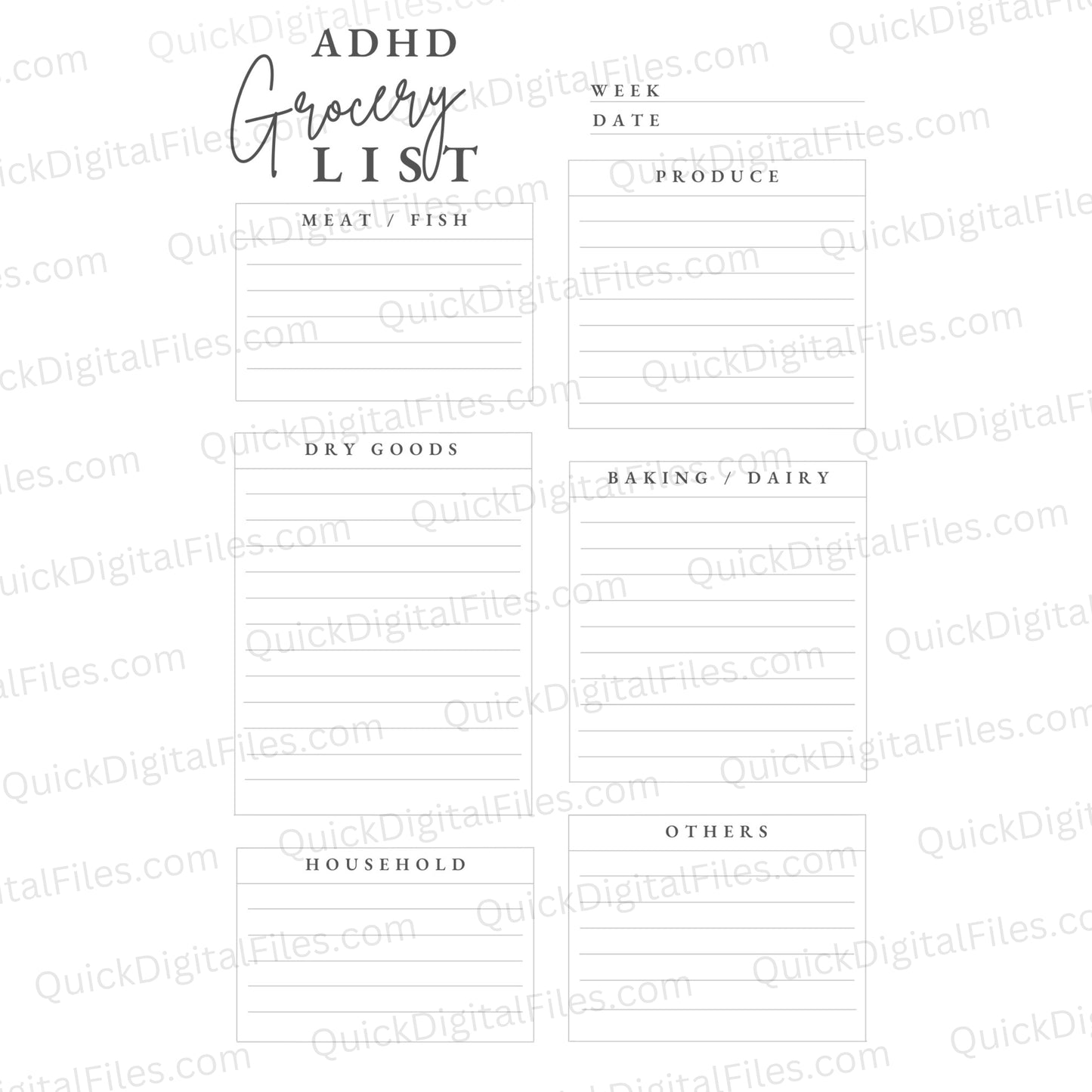 Printable ADHD Grocery List PDF with organized shopping categories