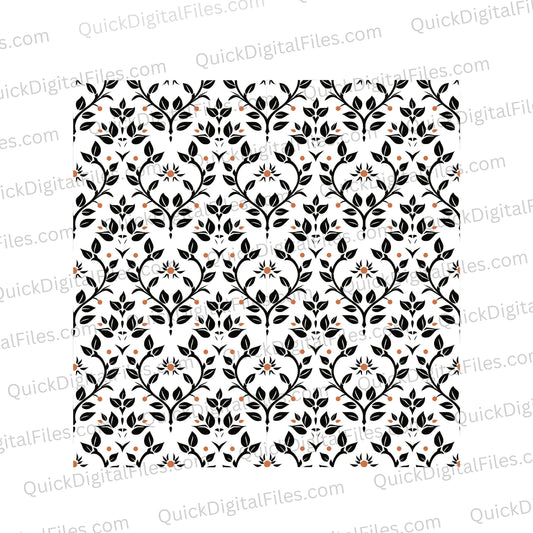 "Endless repeating boho leaf design in vibrant orange and black."