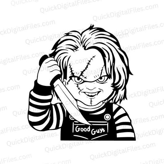 Chucky doll silhouette with raised knife and menacing grin wearing 'Good Guys' overalls