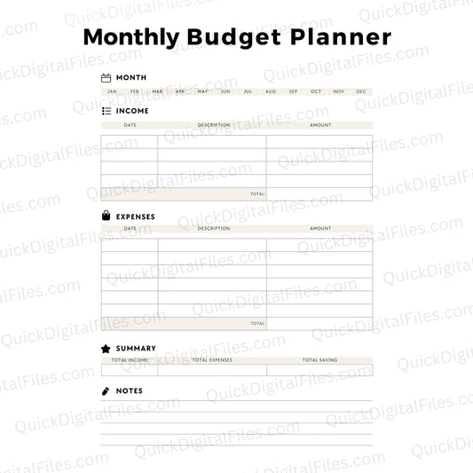 Monthly budget planner printable with savings summary and notes section