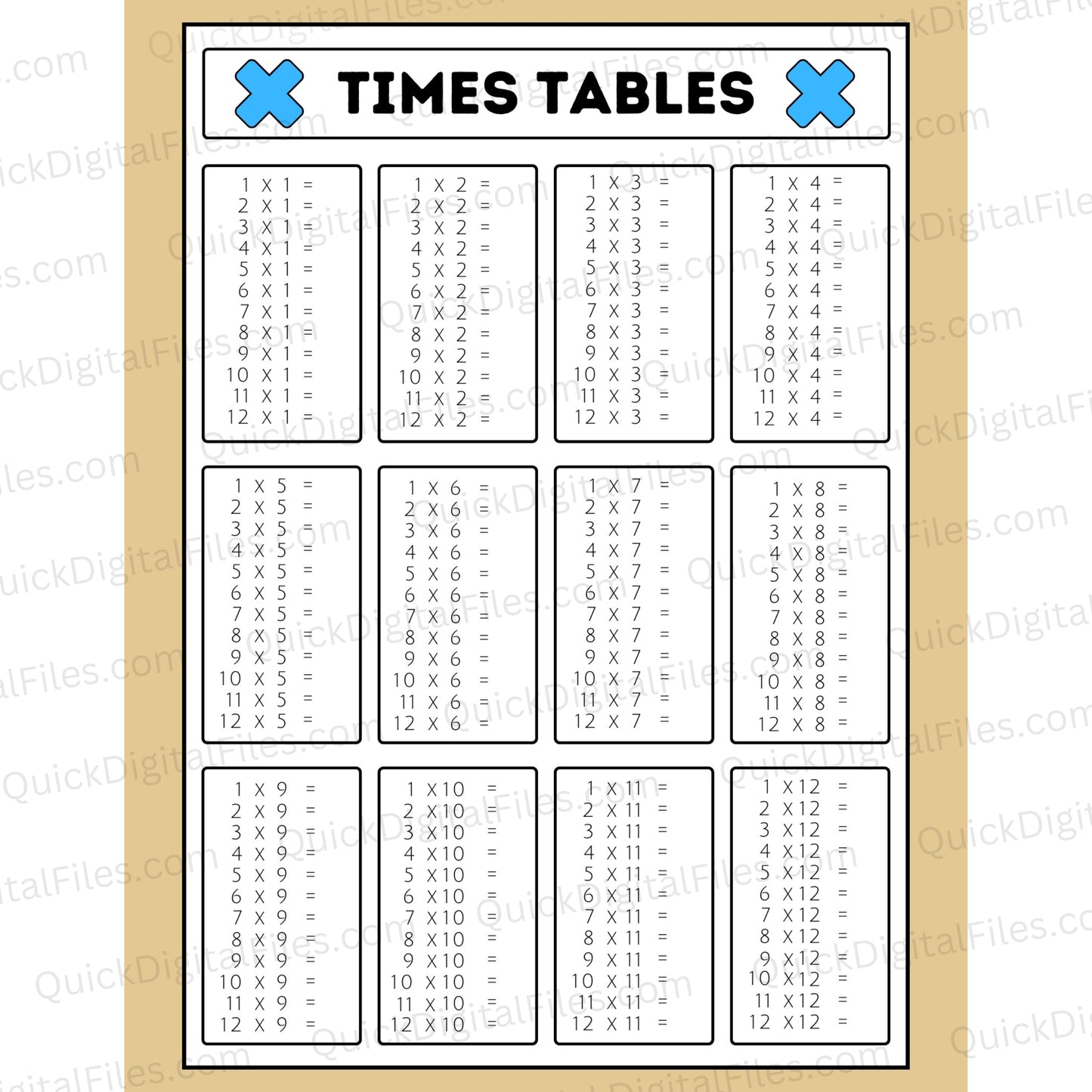 Times table printables for homeschooling and classroom learning
