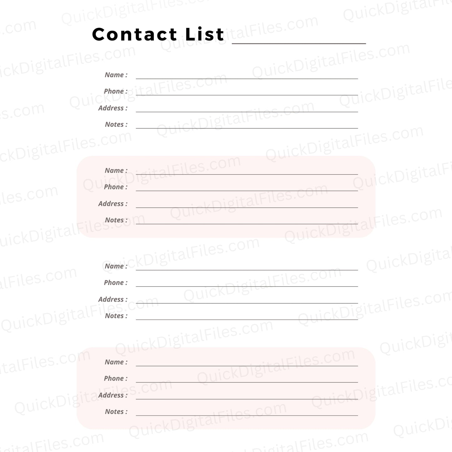 Printable Contact List PDF with name, phone, and address sections