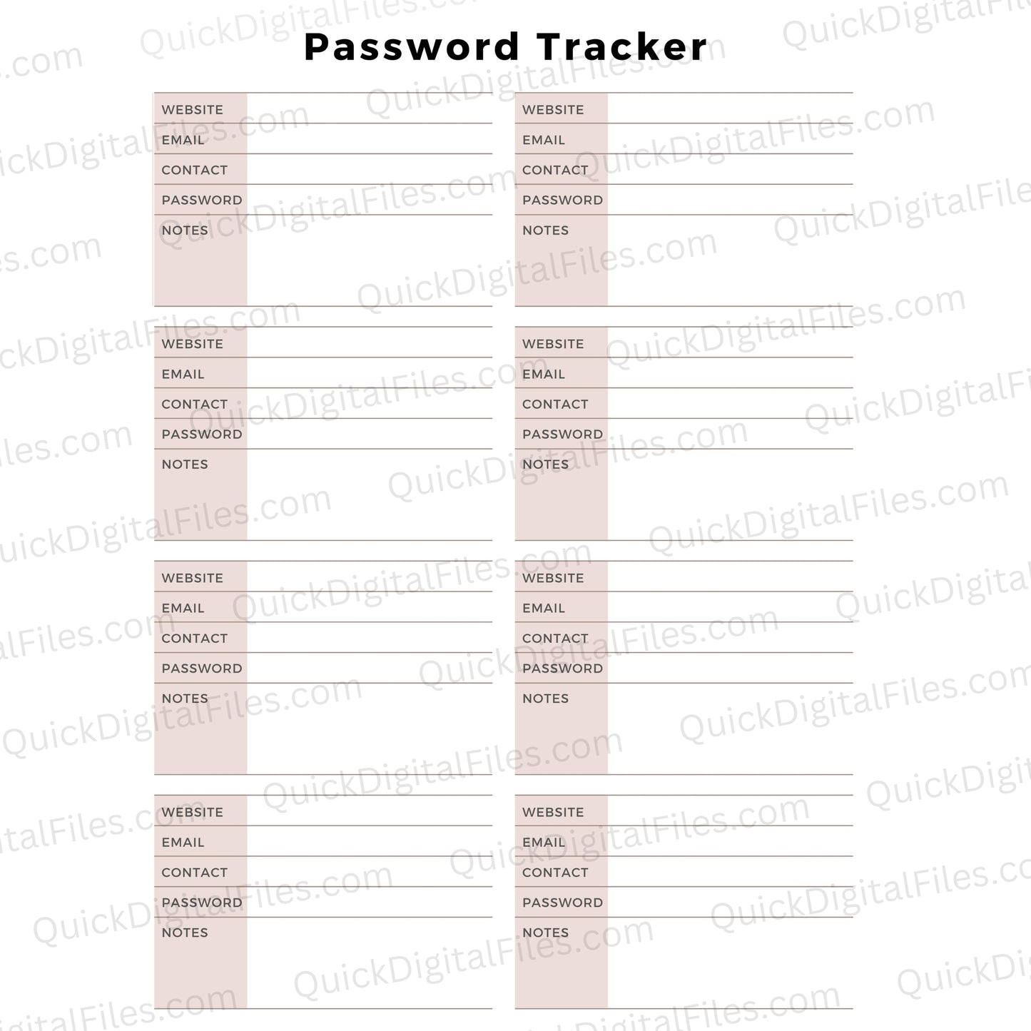 Printable Password Tracker PDF with sections for website, email, and notes