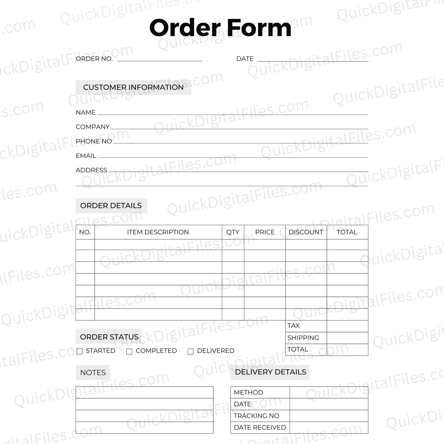 Printable t-shirt order form with customer and order details