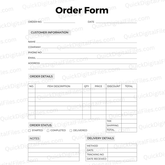 Printable t-shirt order form with customer and order details