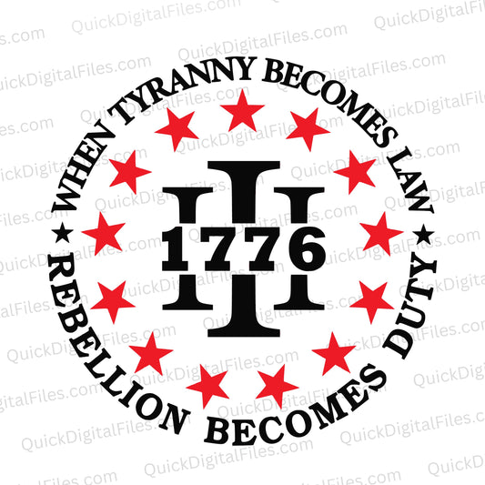 Striking design featuring red stars and powerful words: "Rebellion becomes duty - 1776."