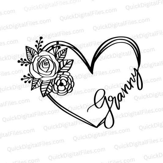 "Black and white drawn heart with flowers and Granny text SVG" for DIY keepsakes.