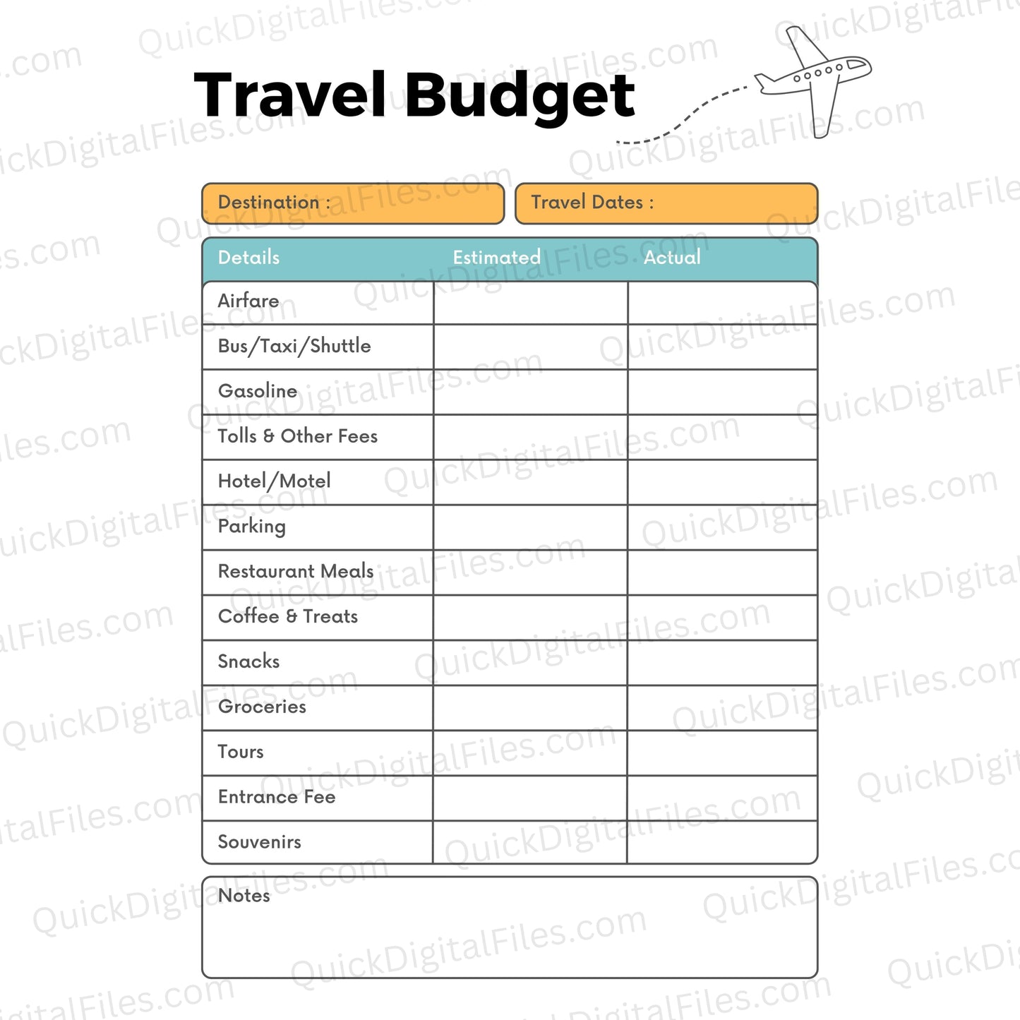Printable Travel Budget Planner PDF - Vacation Expense Tracker