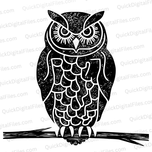 Detailed owl on branch SVG file in monochrome