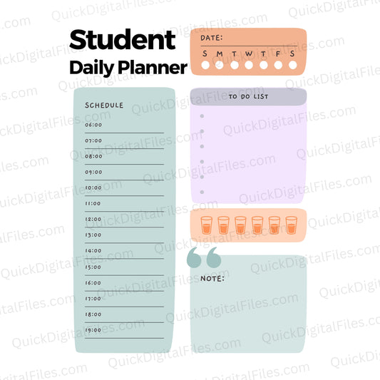 Daily student planner printable with hydration tracker and homework section