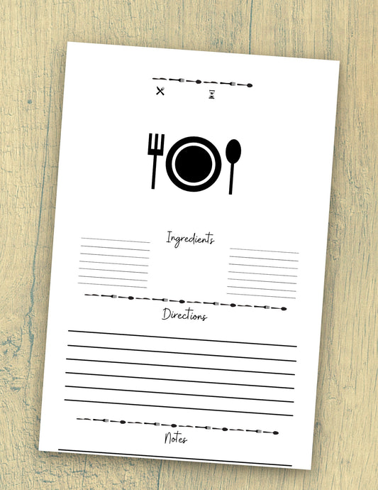 "Editable recipe card template with sections for title, servings, and cook time."