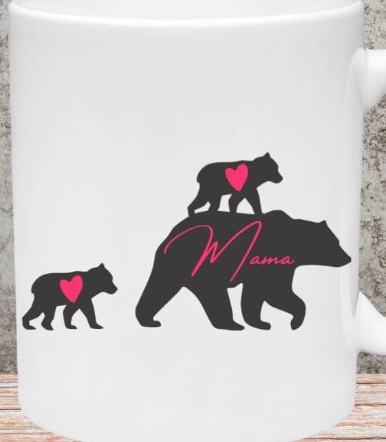 "Protective Mama Bear silhouette with red hearts, digital download."