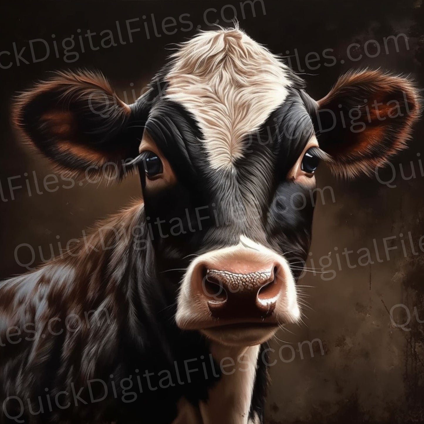 Lifelike calf painting in PNG for instant downloadBlack and white baby cow digital portrait with brown tips
