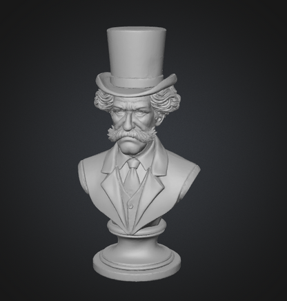 Bust of a man wearing a top hat on a dark background