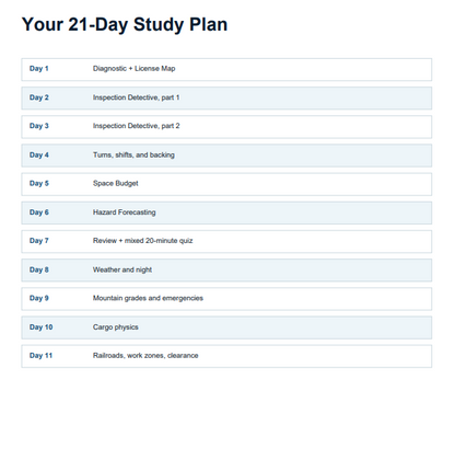 100-page CDL General Knowledge Study Guide PDF with 21-day study plan for CDL permit exam preparation