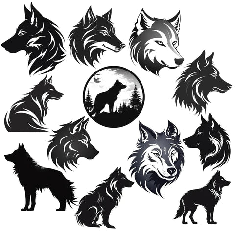 12 Wolf-Themed Silhouette Images Pack: PNG