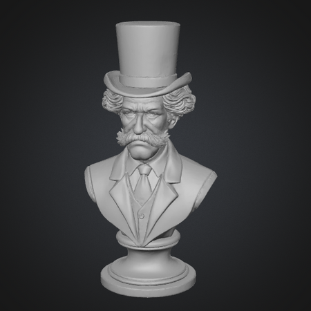 Bust of a man wearing a top hat on a dark background