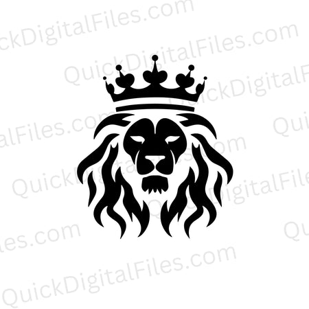 Regal lion head with crown silhouette digital graphic in black and white