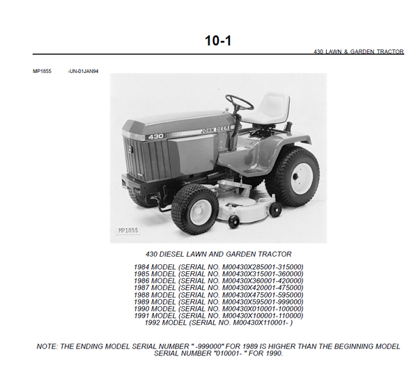 Detailed John Deere parts diagram for 430 lawn and garden tractor
