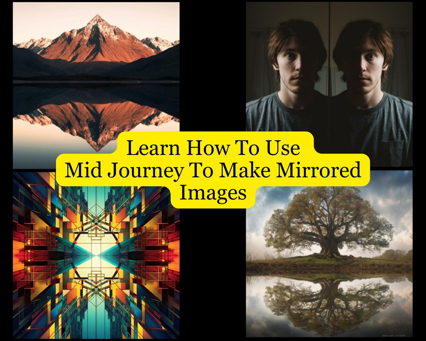 Digital art example of a symmetrical mountain landscape from Midjourney guide.