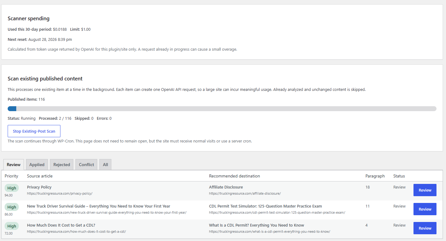 Internal Link Reviewer main dashboard inside WordPress