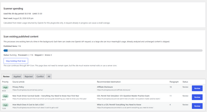 Internal Link Reviewer main dashboard inside WordPress